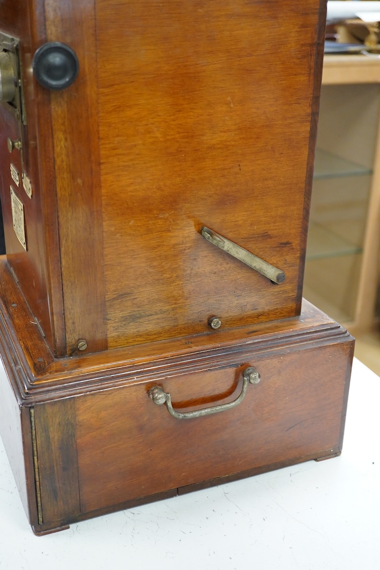 A late 19th century French mahogany Taxiphote stereoscopic table top viewer, 51cm high, 33cm wide